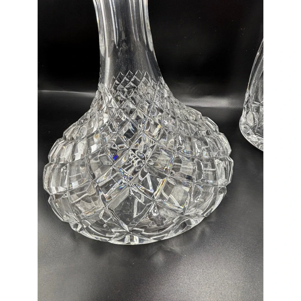 Vintage Cut Glass Decanter with Large Geometric Globe Stopper Diamond Pattern
